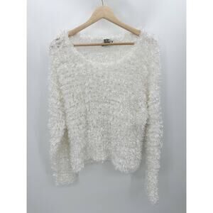 Effect Sweater Women LARGE White Stretch Long Sleeve Round Neck Pullover Knit